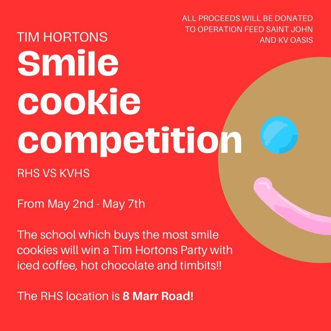 RothesayHigh_SRC (@rhsredhawks_src) on Twitter photo Check out the details for the Smile Cookie competition! Marr Rd is the RHS location. Let's do this! <a href="/RothesayHigh/">Rothesay High School</a> #rhspride Check out the details for the Smile Cookie competition! Marr Rd is the RHS location. Let's do this! <a href="/RothesayHigh/">Rothesay High School</a> #rhspride
