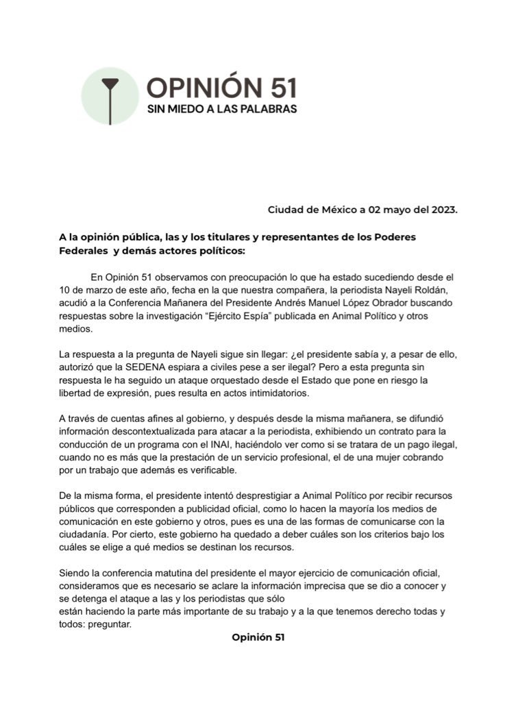 Opinion_51's tweet photo. Posicionamiento sobre los ataques contra @nayaroldan y @Pajaropolitico.

#SinMiedoalasPalabras https://t.co/swYucIMcSu