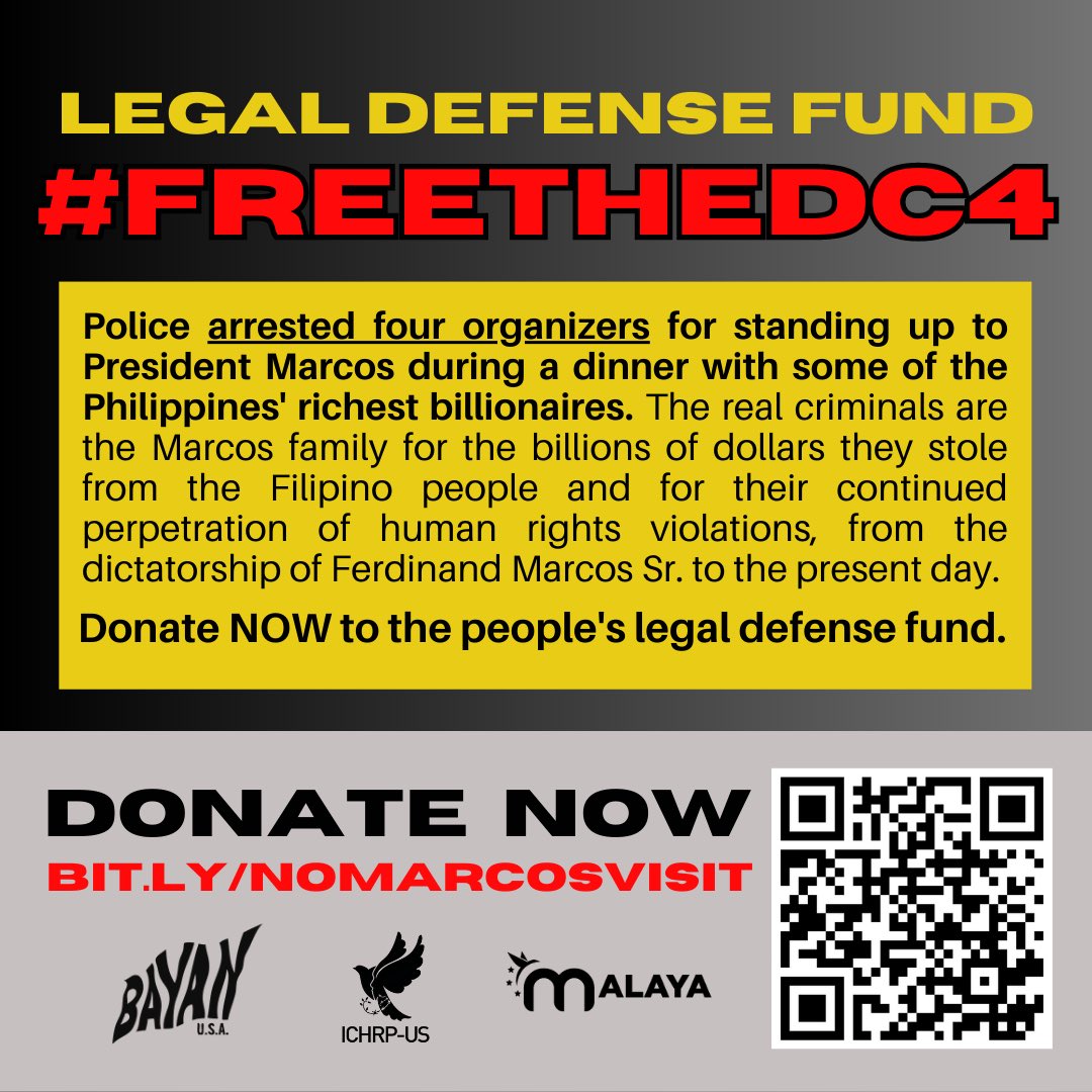BREAKING NEWS: Police arrested 4 organizers for standing up to Marcos during a dinner with some of the PH's richest billionaires.

Donate NOW to the people's legal defense fund. bit.ly/nomarcosvisit

#FreeTheDC4 #MarcosNotWelcome #MarcosOutOfDC #PHnot4sale