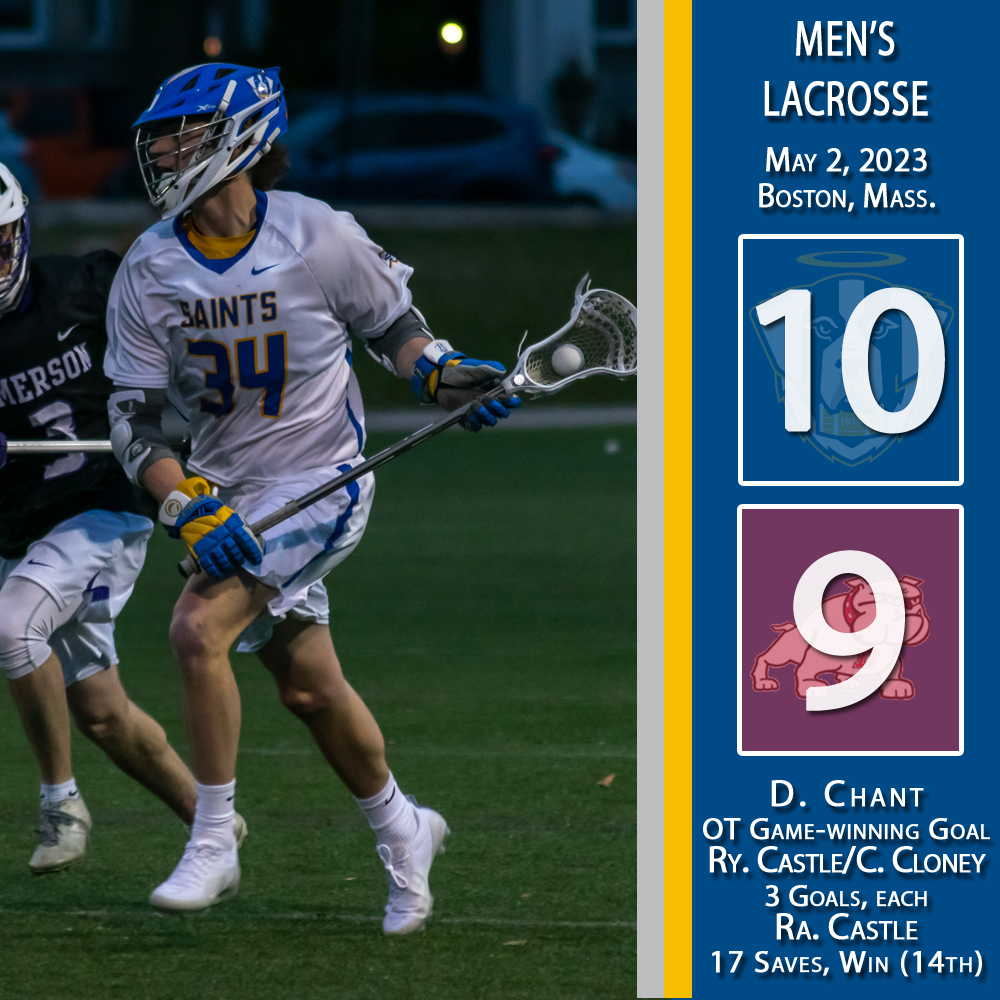 ECSaints's tweet photo. WE'RE GOING TO THE 'SHIP! Senior Drew Chant found the back of the net in OT to send Men's Lacrosse to the GNAC Championship for the first time since 2016 following a 10-9 win this evening over Dean College in Semifinals action at Clemente Field! #goECSaints https://t.co/0VOTja6yQL