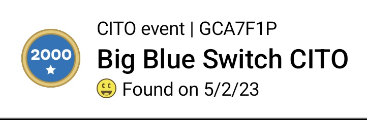GeocachingNinja's tweet photo. Hit the 2k find milestone by attending a CITO 2.5 hours away from home. No better way than to celebrate it during blue switch day and receiving a souvenir. #geocaching #blueswitchday #gps #cacheintrashout https://t.co/KCbAAnr77L