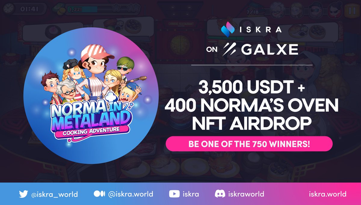 New #airdrop alert and this time, we're taking the party to @Galxe! 🎉 🥳 ✅ Join now 👉🏻 bit.ly/3Nxak1K Complete quests for a chance to win from the 3,500 $USDT + 400 Norma's Oven NFT prize pool! 🎁💰 #Giveaway #NFTGiveaways #NFT #USDTGiveaway