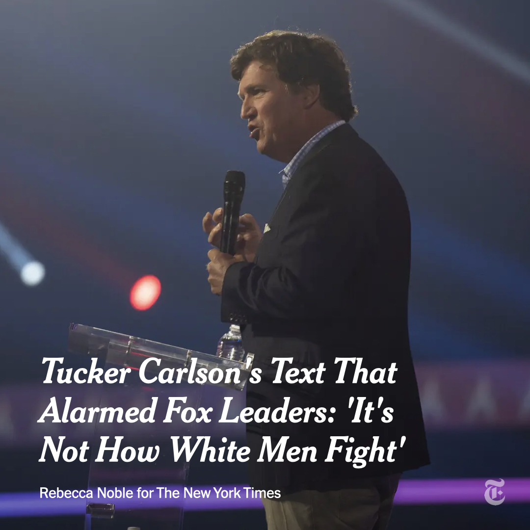 nytimes's tweet photo. A text message sent by Tucker Carlson that set off a panic at the highest levels of Fox on the eve of its billion-dollar defamation trial showed its most popular host sharing his private, inflammatory views about violence and race. https://t.co/trlp6zlPjL https://t.co/vv68FaLhm8