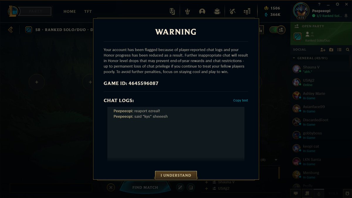 YOOOOO <a href="/riotgames/">Riot Games</a> <a href="/LeagueOfLegends/">League of Legends</a>  i am out here trying to make the community a better place and this is what i get for telling post lobby to report ezreal for saying bad stuff in game! LMAO