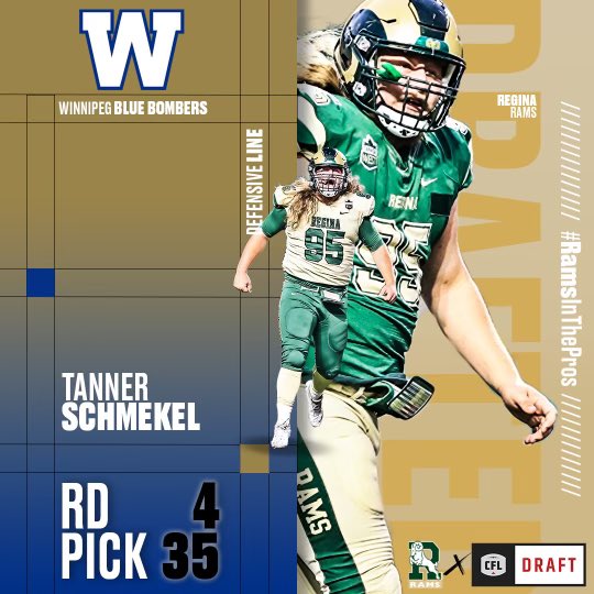 Congratulations to Tanner Schmekel! Drafted in the 4th round by the Winnipeg Blue Bombers joining teammate Anthony Bennett in the Manitoba Capital. Good luck Tanner!