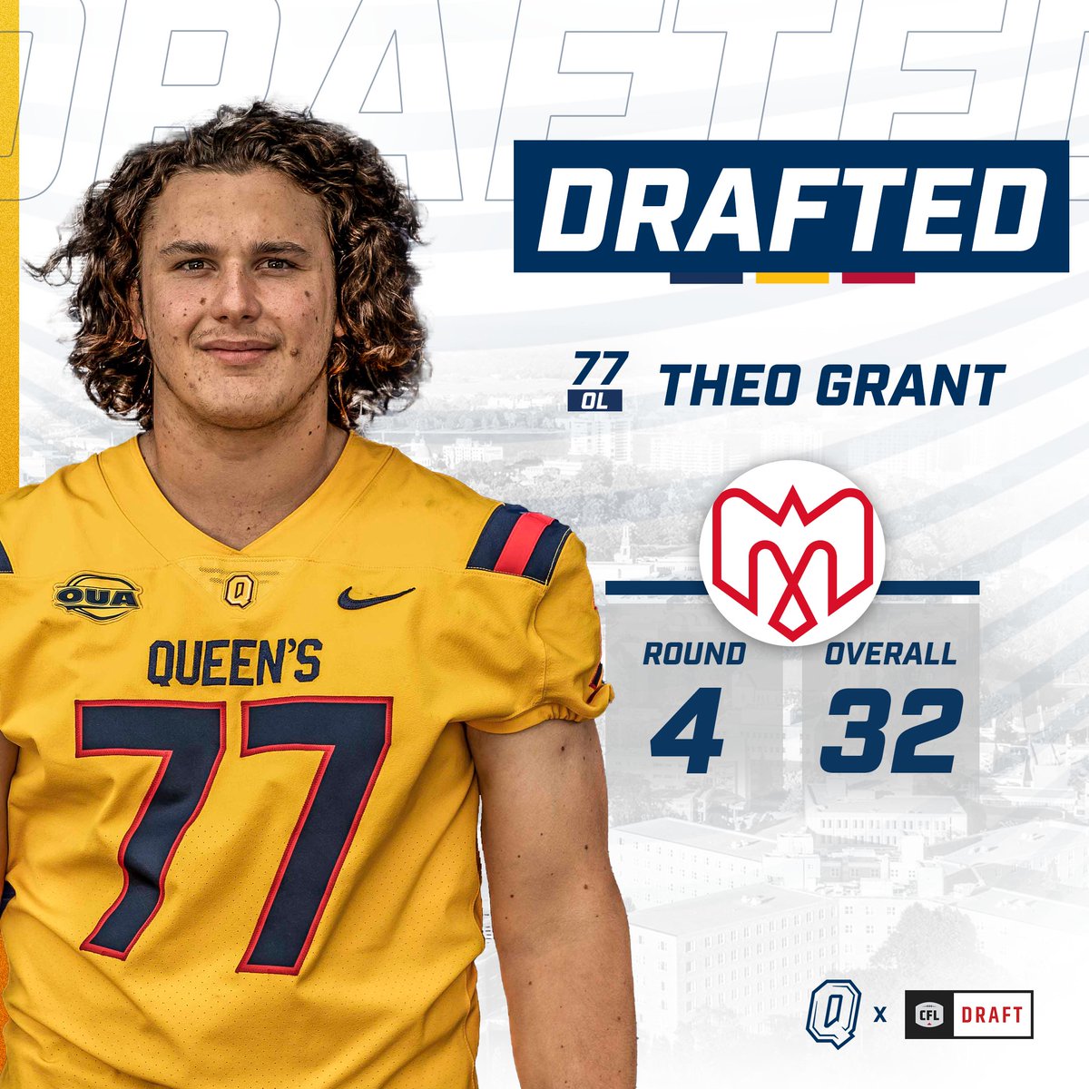 Queen's Gaels (@queensgaels) on Twitter photo MTL bound! Congratulations to <a href="/Queens_Football/">Queen's Football</a> Offensive Lineman Theo Grant who was selected 32nd overall tonight by the Montreal Alouettes.
#CFLDraft | #ChaGheill MTL bound! Congratulations to <a href="/Queens_Football/">Queen's Football</a> Offensive Lineman Theo Grant who was selected 32nd overall tonight by the Montreal Alouettes.
#CFLDraft | #ChaGheill