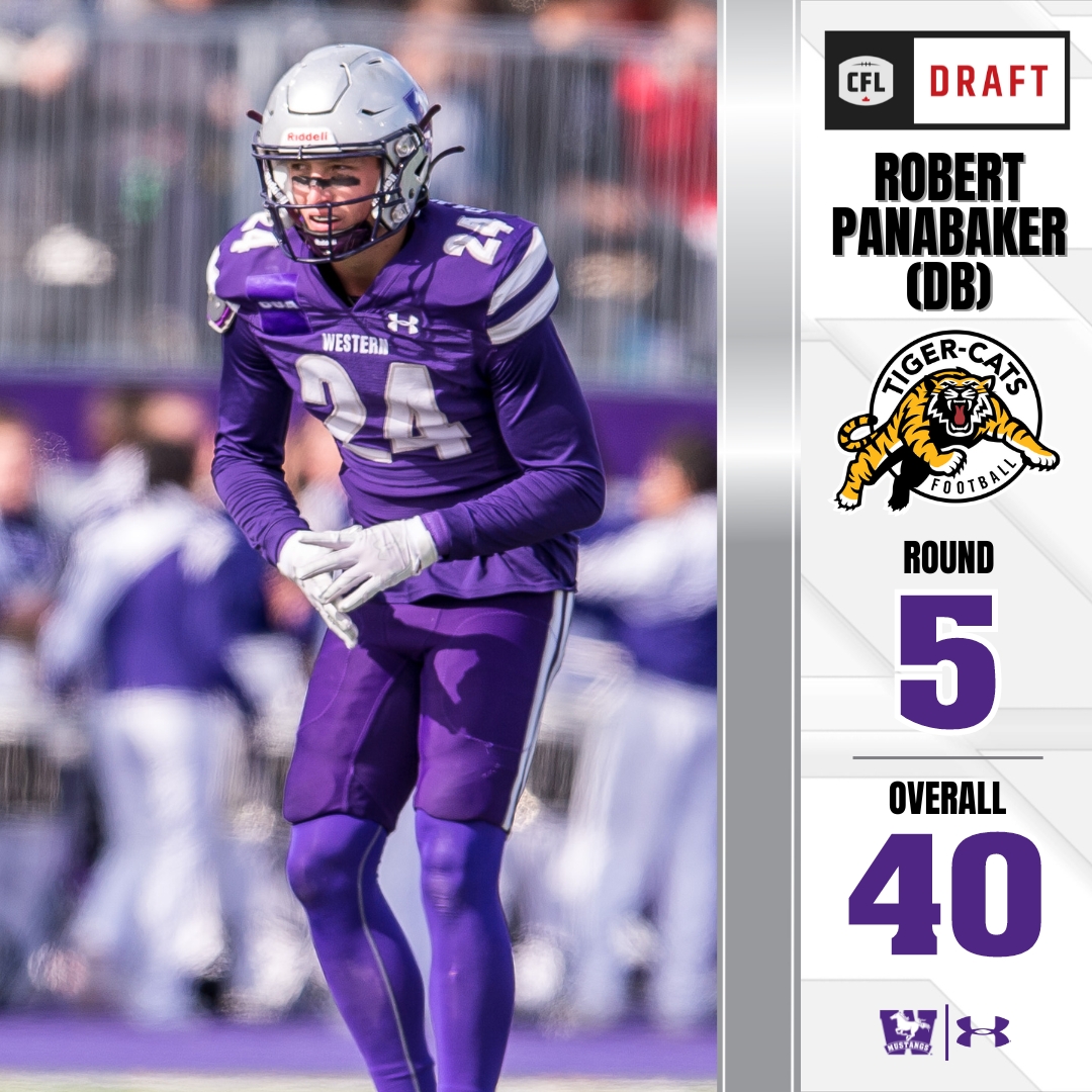🏈 CFL DRAFT UPDATE! With the 40th pick in the 2023 #CFLDraft the @Ticats pick @westernuFB DB Robert Panabaker. Follow the @CFL draft at cfl.ca/draft-tracker/ #RunWithUs #WesternMustangs #PurpleAndProud