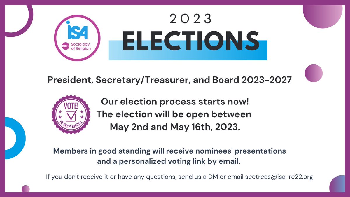📣 The Research Committee on the Sociology of Religion @isa_rc22 election process is open! 
🗳️ All regular members are invited to vote! Review your email for a nominee's presentation & a personalized email to vote. 
🫵 Your participation is essential; vote before May 16, 2023!
