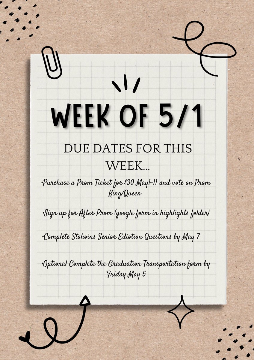 smfhsclassof23's tweet photo. Here is this weeks checklist. See May Senior Checklist sent on student square for more details + info!! https://t.co/oTnXDMVmiu