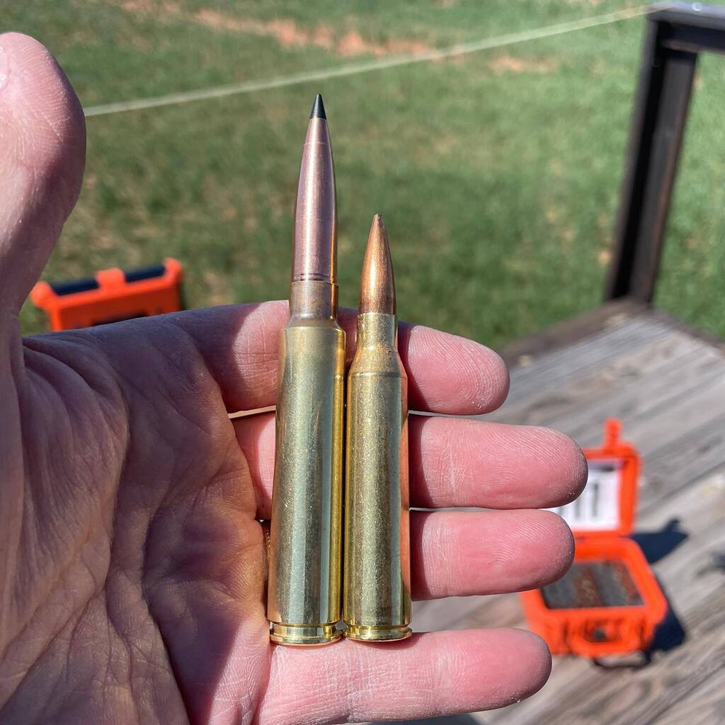 338LM on the right. What’s the round on the left? Comment with your guess. #ko2m #elr #2ndamendment #boltaction #precisionrifleseries #precisionriflenetwork #longrangeshooting #rifles #pewpewlife #shooting #ar15 #65creedmoor #gunsofinstagram #gunsdaily
