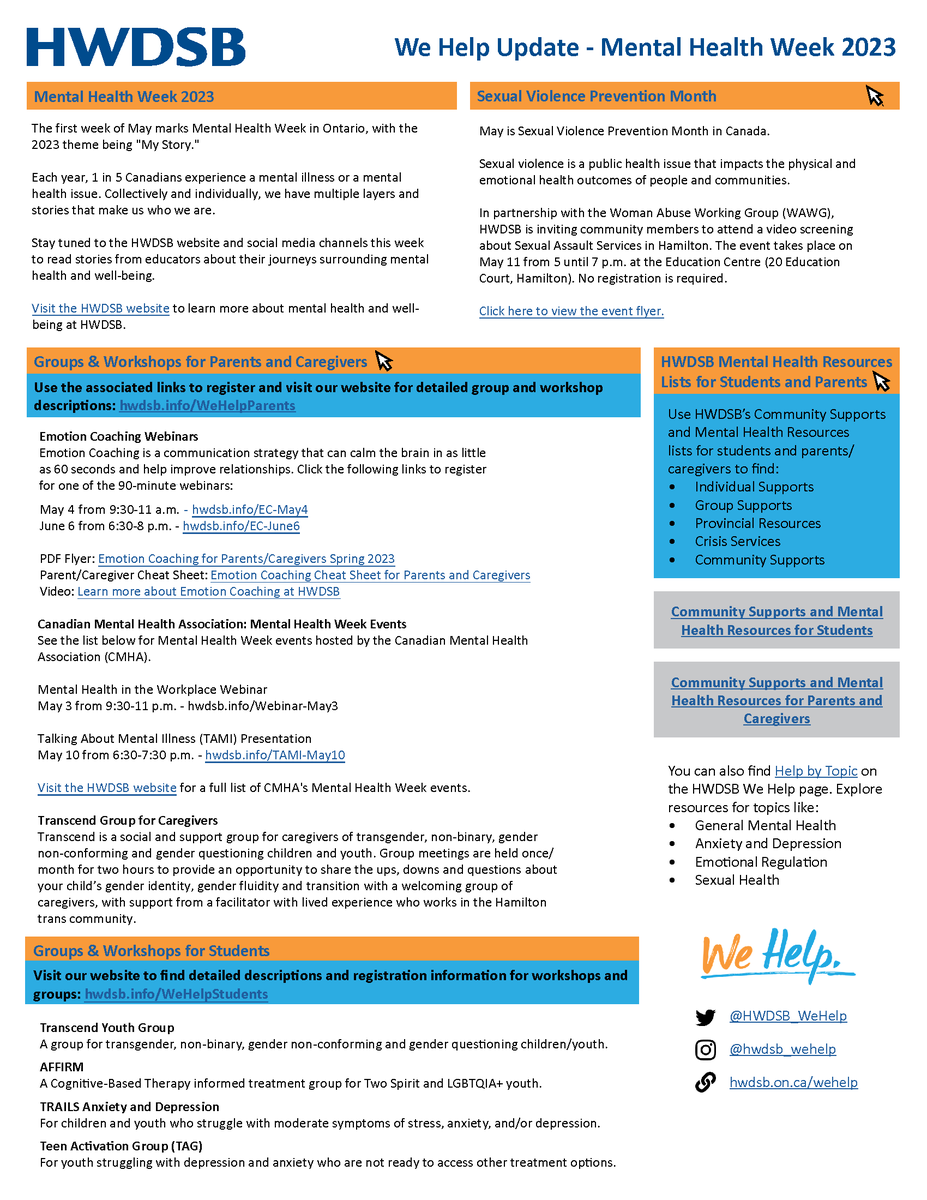 The first week of May marks Mental Health Week in Canada!

In response to the challenges students and families may face, HWDSB is offering various webinars, workshops, and treatment groups this Mental Health Week and beyond 💙🧡

We Help Update: hwdsb.on.ca/blog/we-help-u…