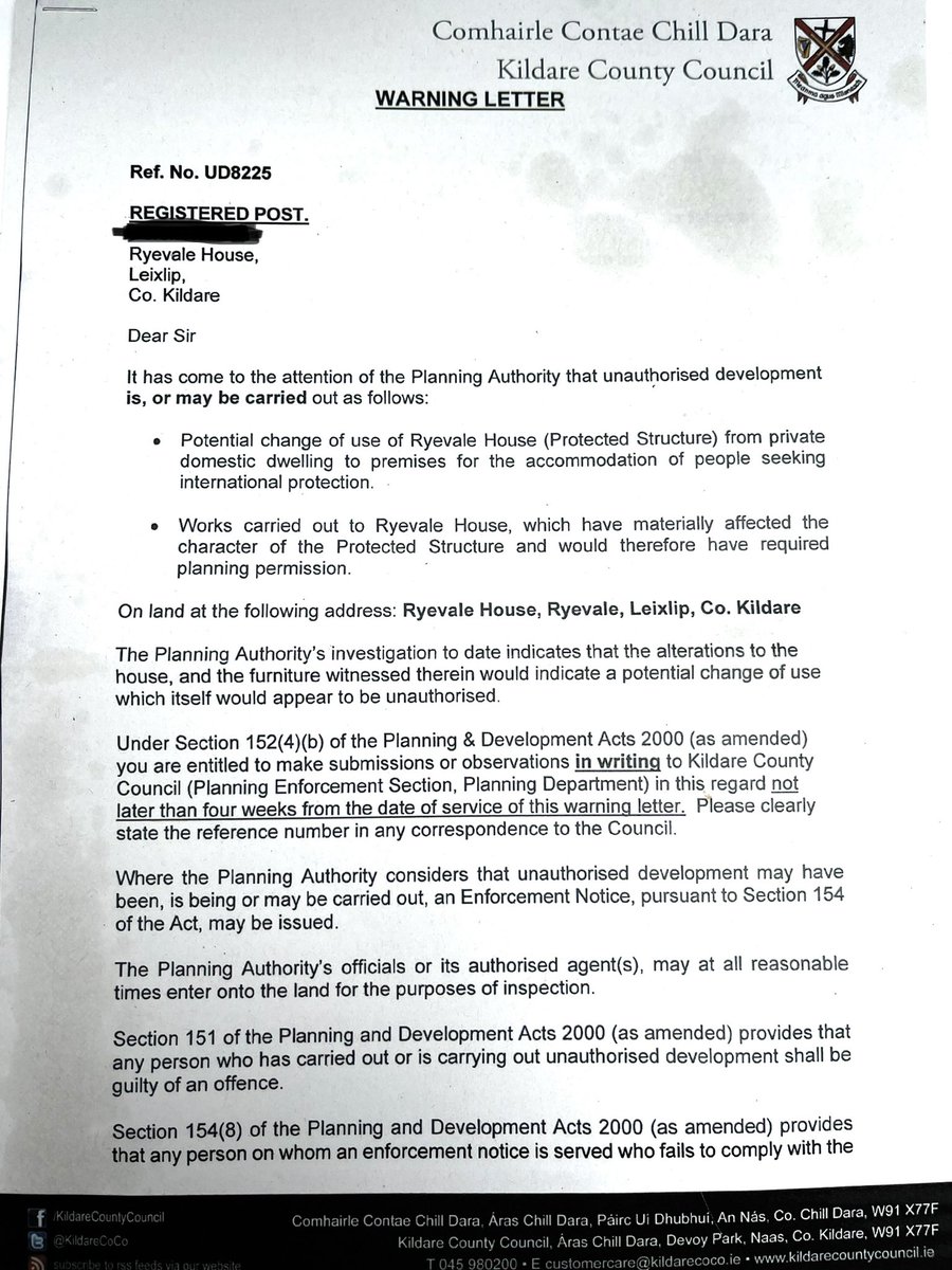 RyevaleHouse's tweet image. @KildareCoCo Planning Authority deemed it unauthorized development.
Due to change of use of the protected structure
And works carried out to #RyevaleHouse which have materially affected the character of the #ProtectedStructure and would therefore required planning permission.