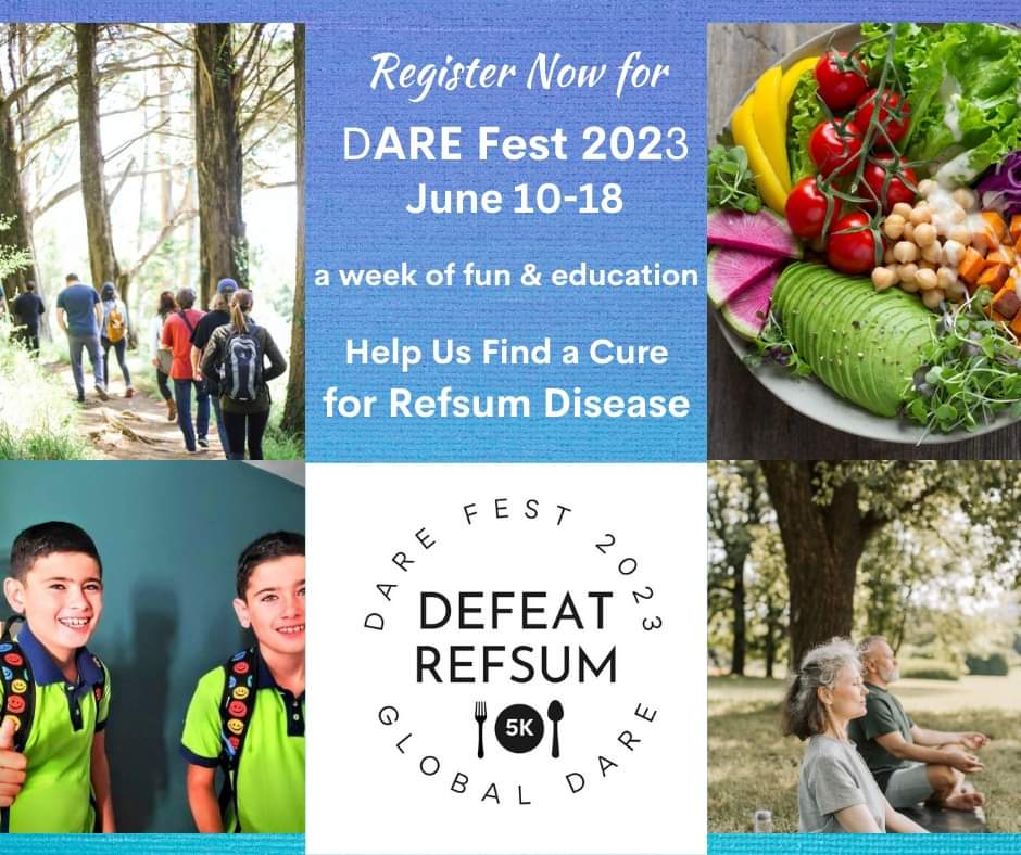 Start the summer with impact: DARE Fest 2023 – June 10-18!

givebutter.com/DARE-Fest-2023

Refsum is a rare disease that impacts people of all ages and genders changing vision, mobility &amp; many aspects of life.

Early diagnosis and diet improve lives!
#DareFest2023  #refsum #RareDisease