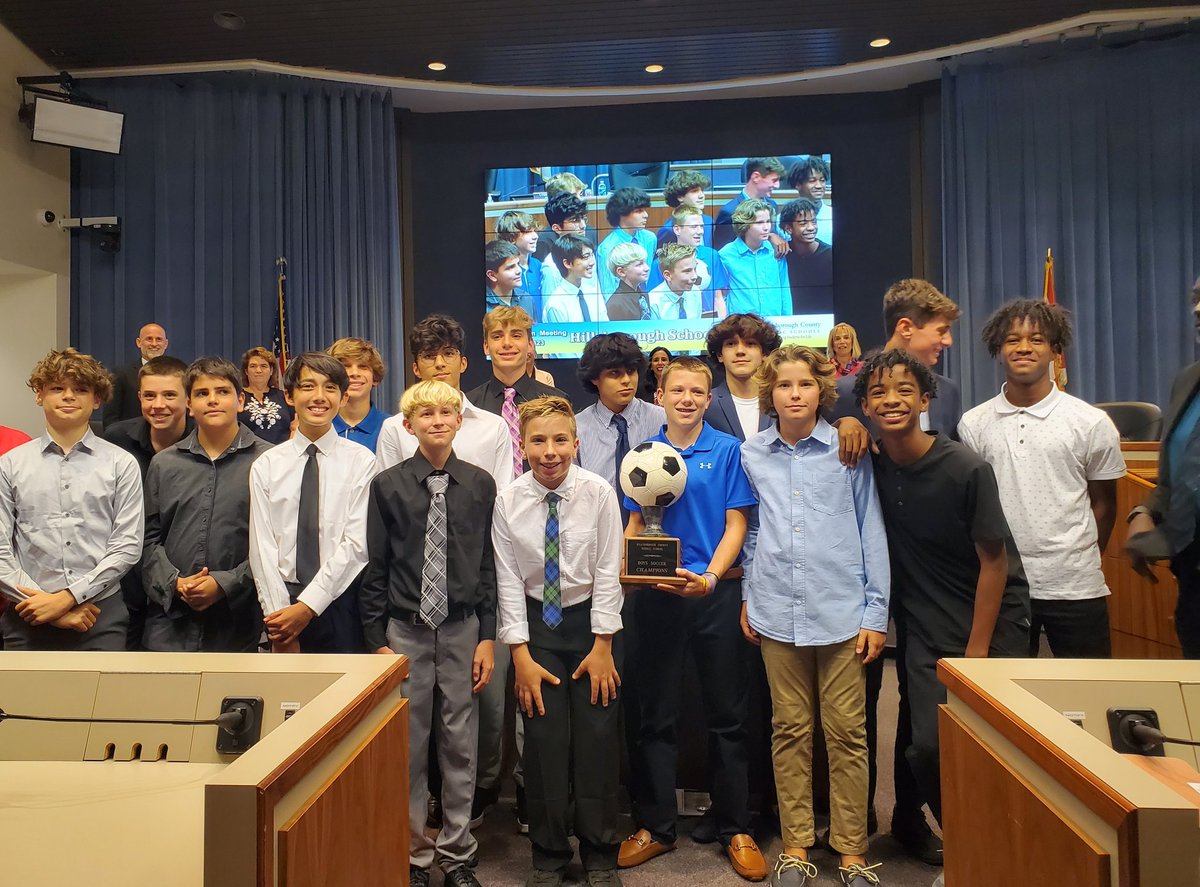 Congratulations 🎉 to 2022-2023 Soccer CHAMPIONS and Coach Dominique who were recognized at the <a href="/HillsboroughSch/">Hillsborough Schools</a> Board Recognition Meeting tonight. Falcons excel in the classroom and beyond! #FalconsFlyHigh #SoProud