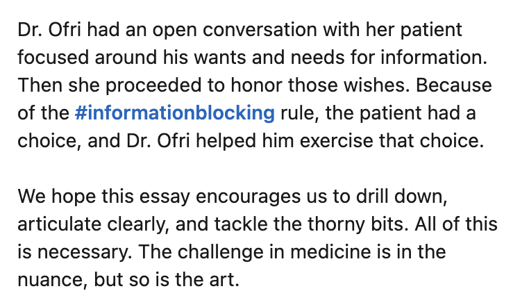 Have you seen Dr. @danielleofri's essay on #opennotes & transparency in @NewYorker? Give it a read! As she tweets, 'transparency... is not always as spotlessly clear as its name implies.' Here are our thoughts via Dr. Cait DesRoches. (Original post here: linkedin.com/feed/update/ur…)