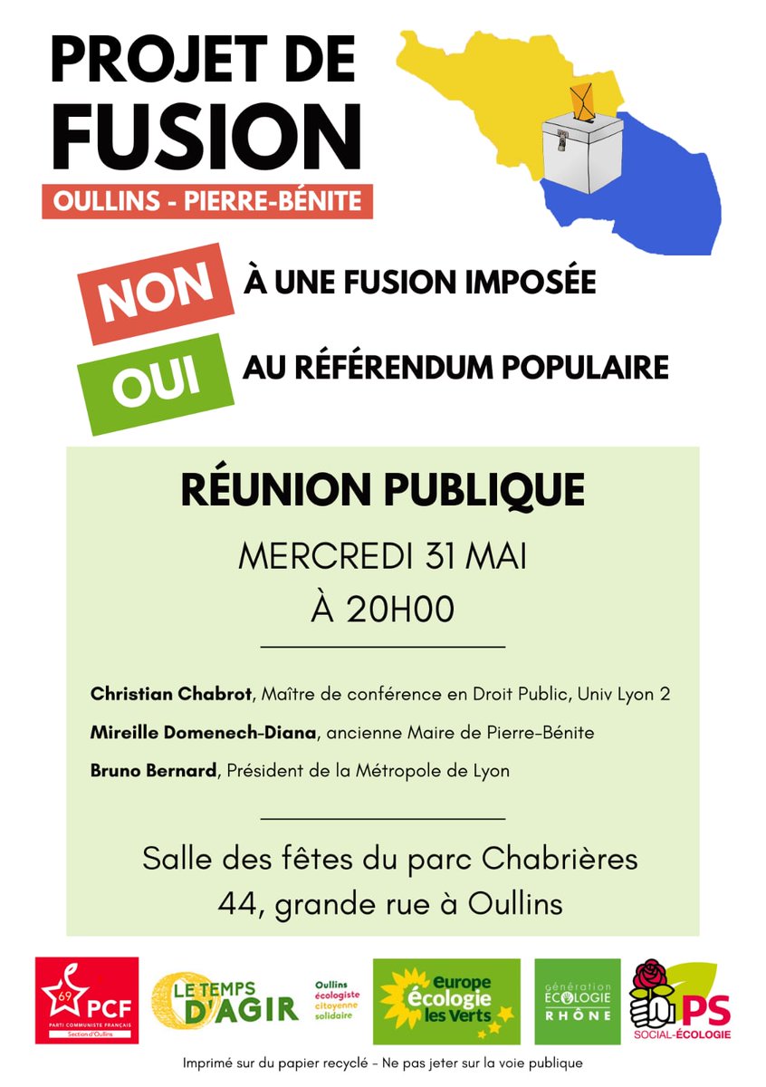 PSOullins's tweet photo. 📢 Réunion publique le mercredi 31 Mai à 20h00 à Oullins. 

➡️ Avec la Section PCF Oullins et le @AgirOullins2020, nous proposons de lancer un grand débat avec les Oullinois.e.s, le monde associatif et le monde économique de la ville, préalable à un référendum populaire. https://t.co/I8CQNtxyin