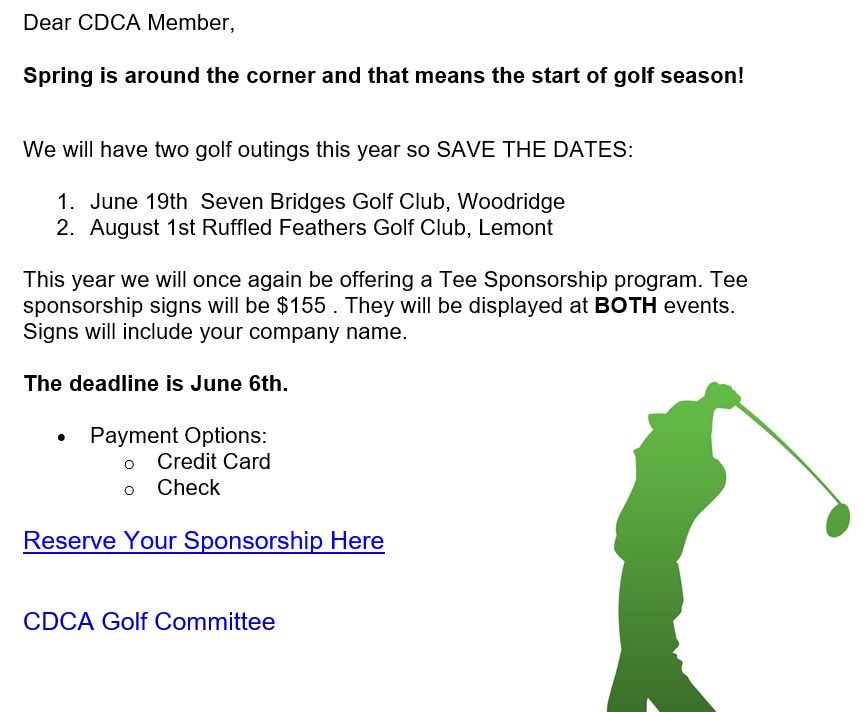 TweetCDCA's tweet photo. Golf Season will be here before you know it! Don’t miss CD&amp;CA’s two upcoming outings ⁦@SevenBridgesGC⁩ and ⁦@RuffledGolf⁩ ! And act now to secure your golf tee sponsorships!
https://t.co/Gt7WOkiEt0 https://t.co/WcgLOdlwIE