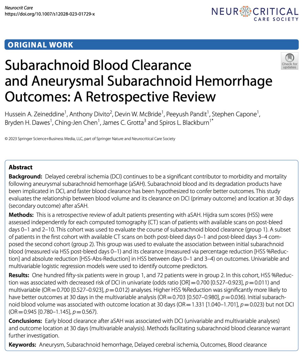 C. J. Jared Chen, MD, FAANS (@chenjared) on Twitter photo Great work by our 🌟chief resident on aSAH blood clearance and DCI/outcome 👉 bit.ly/41YA1N9 <a href="/BAFOUND/">Brain Aneurysm Foundation</a> <a href="/TAAF/">The Aneurysm and AVM Foundation (TAAF)</a> <a href="/thebeefoundatio/">The Bee Foundation</a> <a href="/NeurosurgUTH/">UT Houston Neurosurgery</a> <a href="/UTHealthStroke/">Institute for Stroke and Cerebrovascular Diseases</a> <a href="/NeurocritCareJ/">Neurocritical Care</a> <a href="/cvsection/">CV Section</a> <a href="/UTHNeuro/">UTHealthNeurosciences</a> #stroke #aneurysm Great work by our 🌟chief resident on aSAH blood clearance and DCI/outcome 👉 bit.ly/41YA1N9 <a href="/BAFOUND/">Brain Aneurysm Foundation</a> <a href="/TAAF/">The Aneurysm and AVM Foundation (TAAF)</a> <a href="/thebeefoundatio/">The Bee Foundation</a> <a href="/NeurosurgUTH/">UT Houston Neurosurgery</a> <a href="/UTHealthStroke/">Institute for Stroke and Cerebrovascular Diseases</a> <a href="/NeurocritCareJ/">Neurocritical Care</a> <a href="/cvsection/">CV Section</a> <a href="/UTHNeuro/">UTHealthNeurosciences</a> #stroke #aneurysm