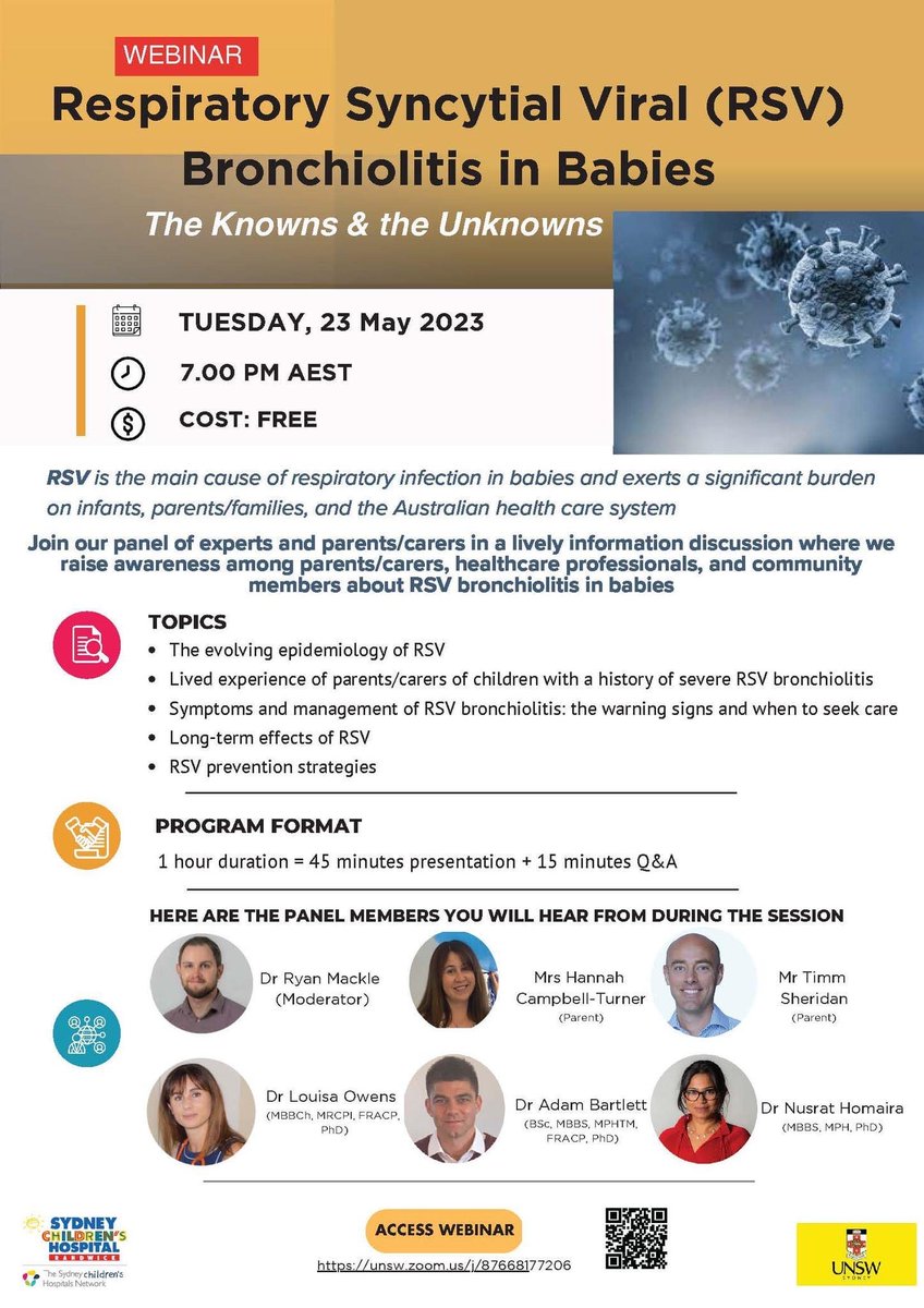Nusrat Homaira (@nusrat_homaira) on Twitter photo SAVE THE DATE: 23rd May 7pm AEST
Join experts and parents/carers in a lively information discussion where we raise awareness about RSV bronchiolitis in babies. This will be a great session(not to be missed). <a href="/UNSWMedicine/">UNSW Medicine & Health</a> <a href="/SCHNkids/">Sydney Children's Hospitals Network</a>
The link to webinar lnkd.in/drSzaJcv SAVE THE DATE: 23rd May 7pm AEST
Join experts and parents/carers in a lively information discussion where we raise awareness about RSV bronchiolitis in babies. This will be a great session(not to be missed). <a href="/UNSWMedicine/">UNSW Medicine & Health</a> <a href="/SCHNkids/">Sydney Children's Hospitals Network</a>
The link to webinar lnkd.in/drSzaJcv