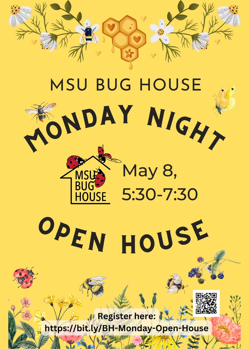 The Bug House will be open to the public on Monday, May 8 from 5:30-7:30 pm. We hope you'll join us to learn about and experience the world of insects. Registration required. Register at bit.ly/BH-Monday-Open…