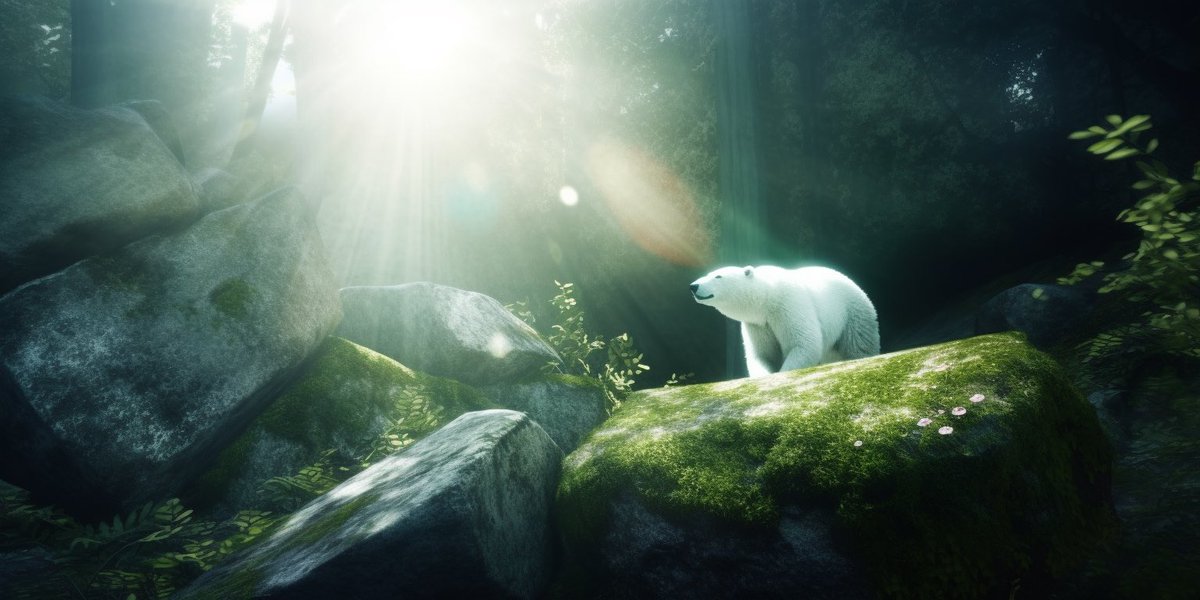 SuperpromptHQ's tweet image. Randomly generated Superprompt: A polar bear emerges from its icy cave, blinking in the bright sunlight..., Fantasy, in the style of Ang Lee, Bright, Enchanted, Earthy Green, --aspect 2:1, --c 89 #Superprompt #Midjourney
