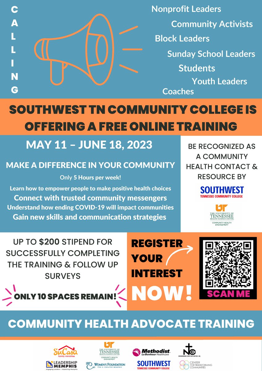 SouthwestTN's tweet photo. Southwest is offering another opportunity for individuals interested in free online training to obtain a #CommunityHealthAdvocate certificate. We had a huge number of applicants apply for the inaugural class. Don't miss out and register today! @uthsc https://t.co/P5oYbPKWZW