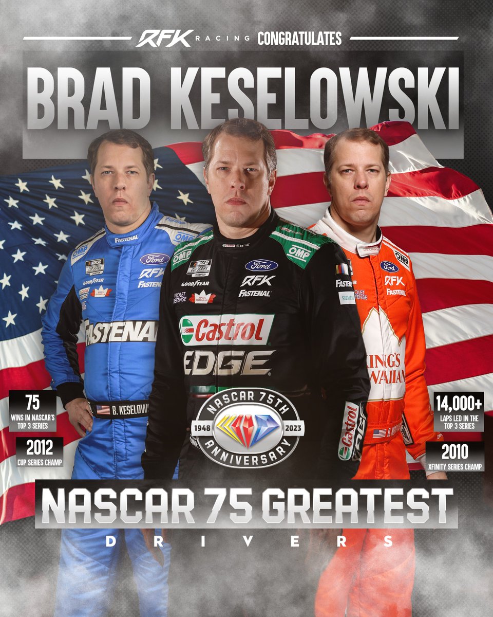 RFKracing's tweet photo. Welcome to the list, Brad. 💯 

A hearty congratulations to our driver/owner @keselowski on earning his spot on the list of @NASCAR's 75 Greatest Drivers. https://t.co/EmtAUV0iK0