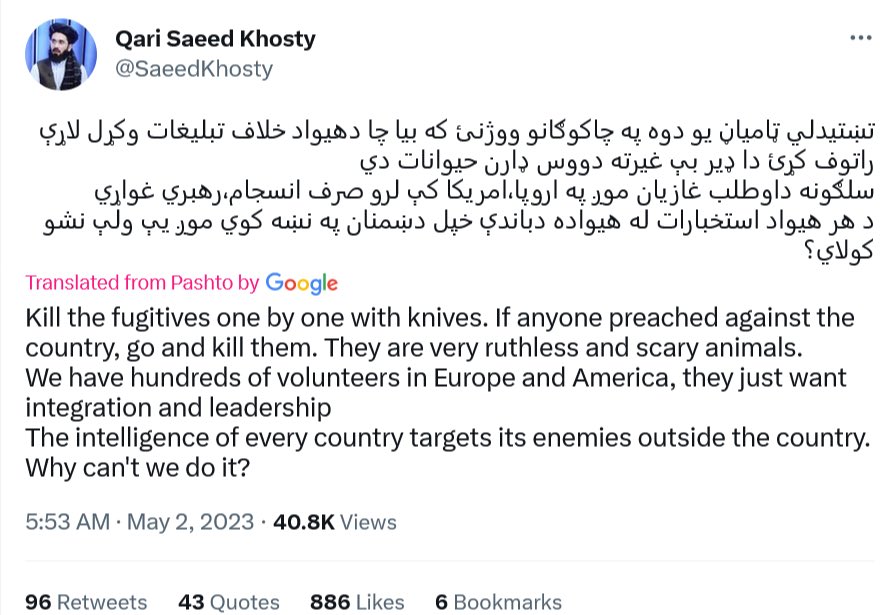 JimLaPorta's tweet photo. The former spokesperson of the Taliban's interior ministry tweeted out the message on the left which calls for the killing of anyone, particularly in the West, who speaks against the Taliban regime. He deleted the tweet. In a later tweet, he said he stood by the statement. https://t.co/xfd3oVp9IJ