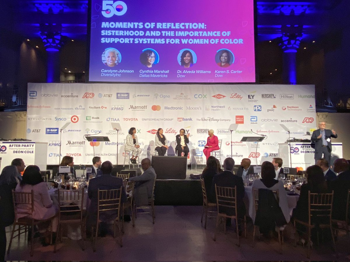 Our own #TeamDow colleagues, @DrAlveda Williams and @KarenS_Carter, join @CyntMarshall and @DiversityIncCEO, Carolynn Johnson, on-stage at the @DiversityInc Top 50 Event to discuss the importance of support systems and sponsorships for women of color.

#SeekTogether | #DITop50