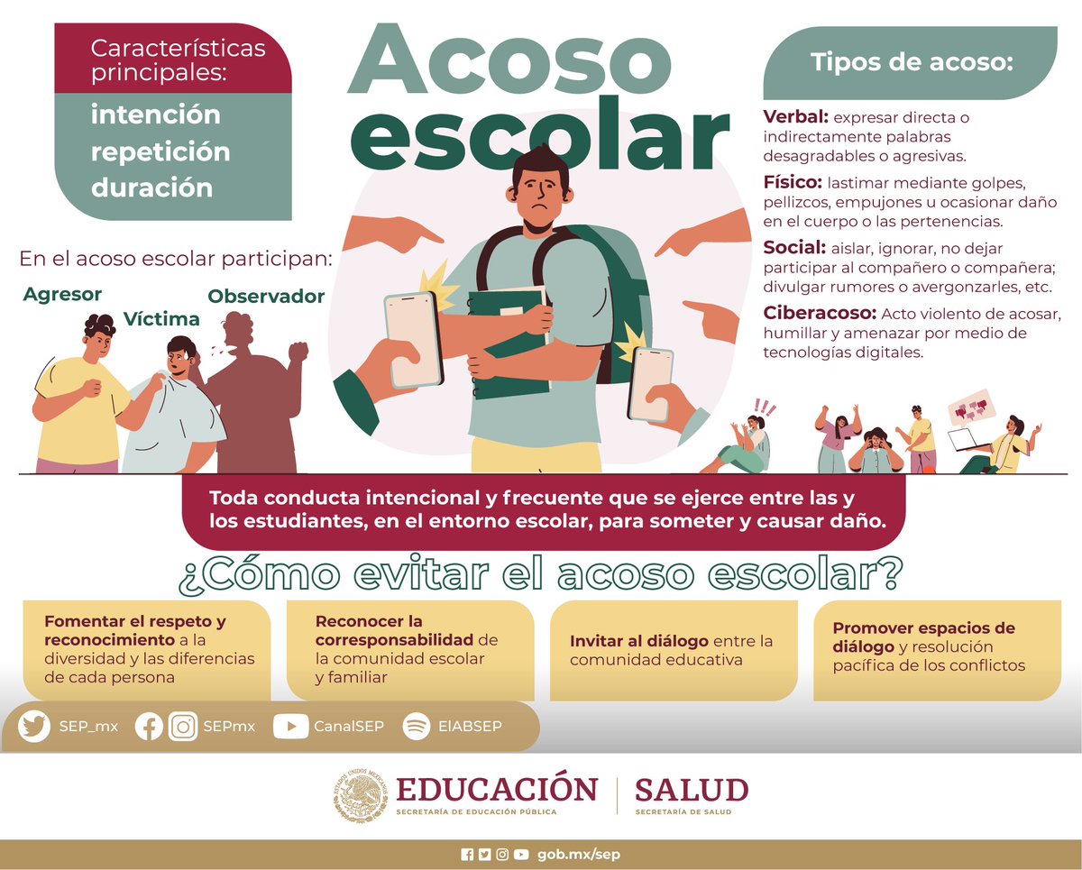 SEP_mx's tweet photo. Hoy es el Día Internacional contra el Acoso Escolar. 

Creemos un ambiente seguro y respetuoso en las escuelas, donde niñas y niños se sientan valorados y protegidos. 

Pongamos fin al acoso escolar, construyamos un futuro más justo, sin exclusiones. #NoAlAcosoEscolar https://t.co/9g61zCPw7I