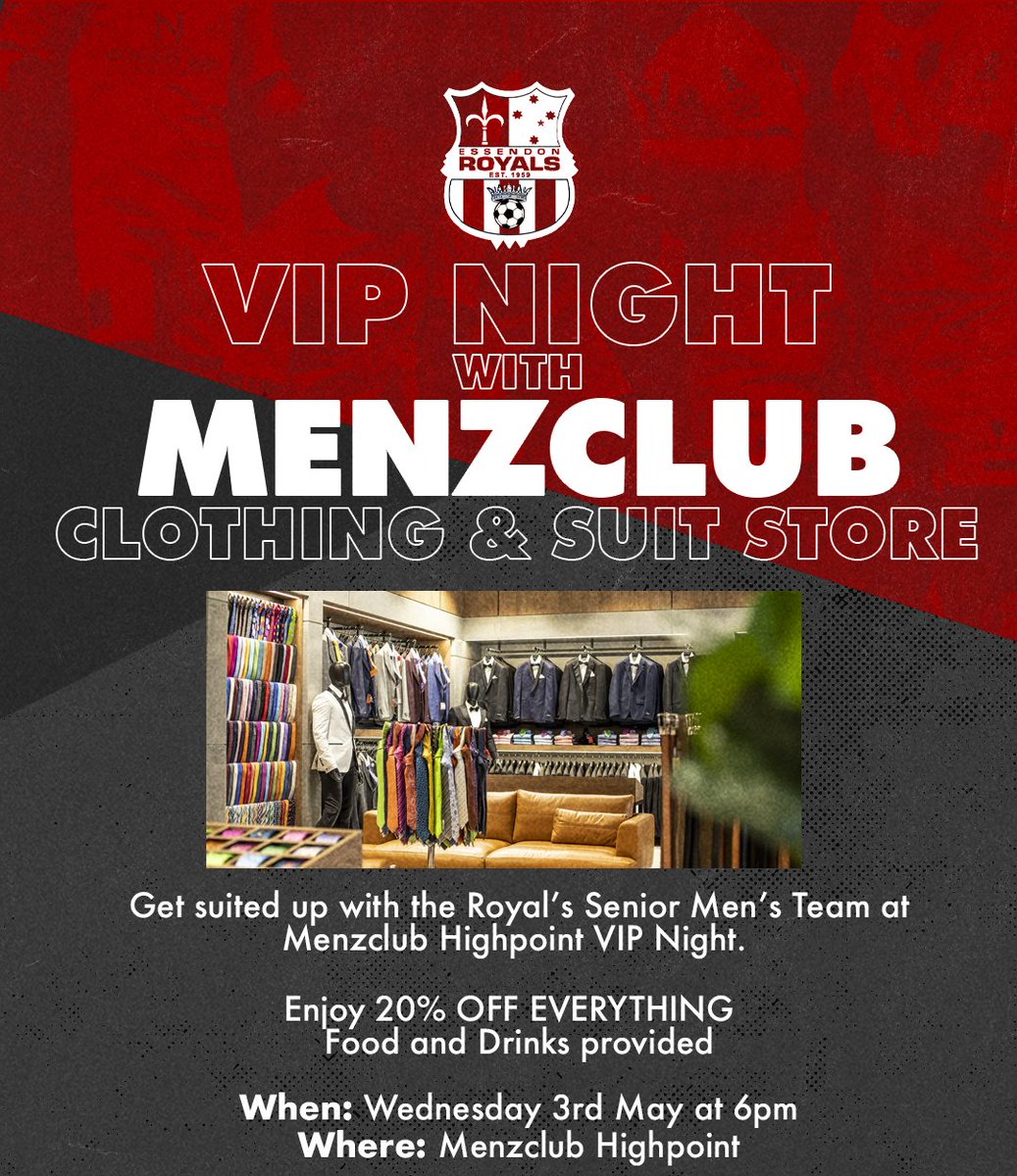 TONIGHT! NOT TOO LATE TO RSVP!

🎩👔 Essendon Royals x MenzClub VIP Night! 👔🎩

Attention all Royals members! Menzclub is hosting an exclusive VIP night just for YOU!

💰 20% off storewide for Royals members & their guests

REGISTER: form.jotform.com/231031197677862