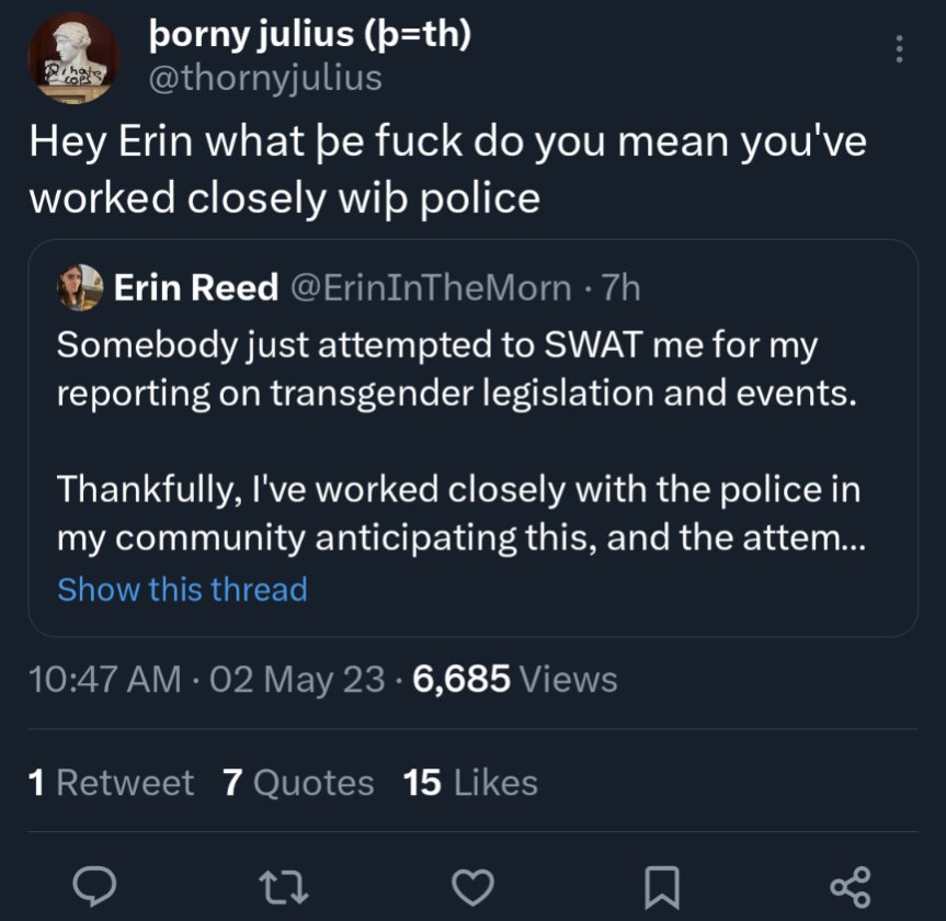 Staroxvia's tweet photo. look i'm not the biggest fan of cops but she very obviously means calling them ahead of time to say "hey i'm an internet person and right wingers want me dead please don't send a swat team to my house" 

how that's lost on this person i have no idea https://t.co/Q8uCJPNGNl