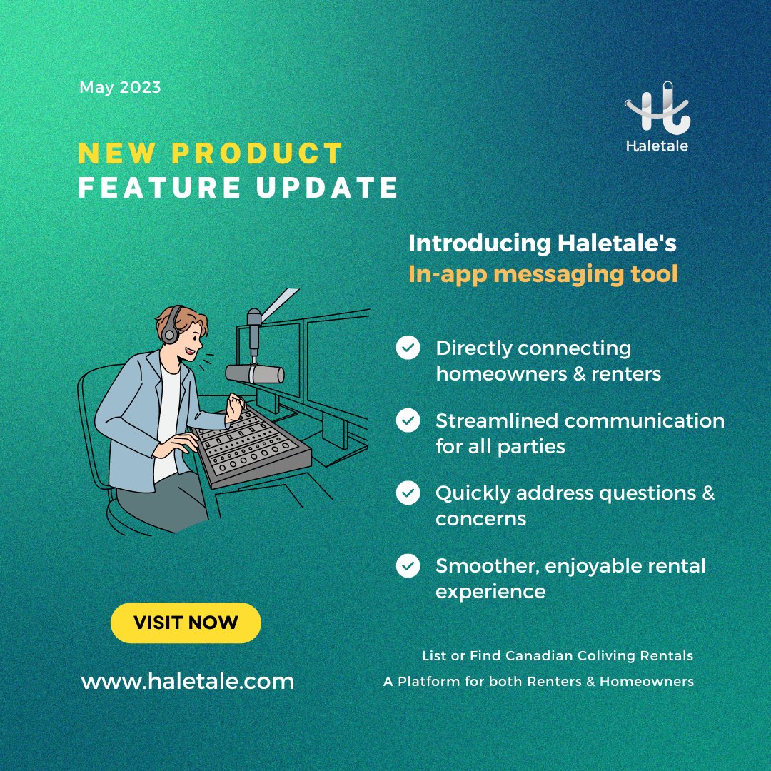 Haletale_Inc's tweet photo. 📲 Connecting you with ease!
.
➡️Introducing our In-App Messaging feature for Renters &amp; Homeowners on Our Rental Listings Platform.
.
#platform #newfeature #Haletale #productrelease #tech #updates #RealEstate #Canada #TuesdayThoughts https://t.co/5jIlWkjTUl