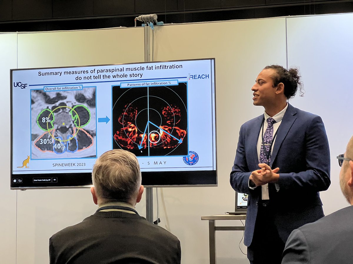 spinesinspace's tweet photo. My graduate student @karimkhattab__  presenting on his work comparing patient biomechanics and muscle quality… and completely showing me up before I presented right after. @ISSLS_Society @SpineWeek2023 https://t.co/YQ5HlCwv4u