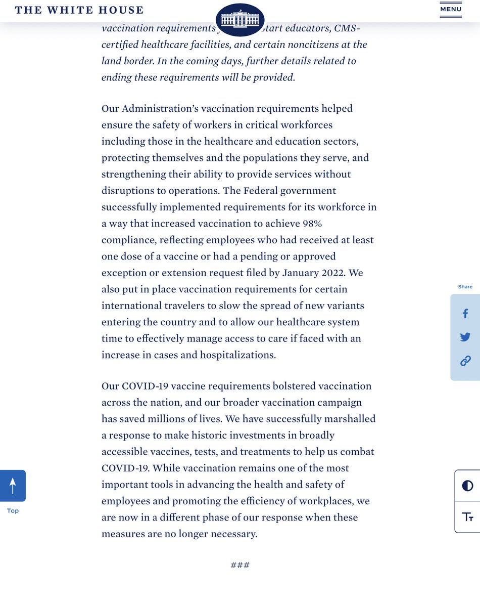 RockUnions's tweet photo. White House announced it will end vaccination mandate for federal employees on May 11, when COVID-19 public health emergency ends.   Administration plans to issue executive order formally ending mandate.  NTEU will share additional information as it becomes available. https://t.co/pRv6fVo0cH