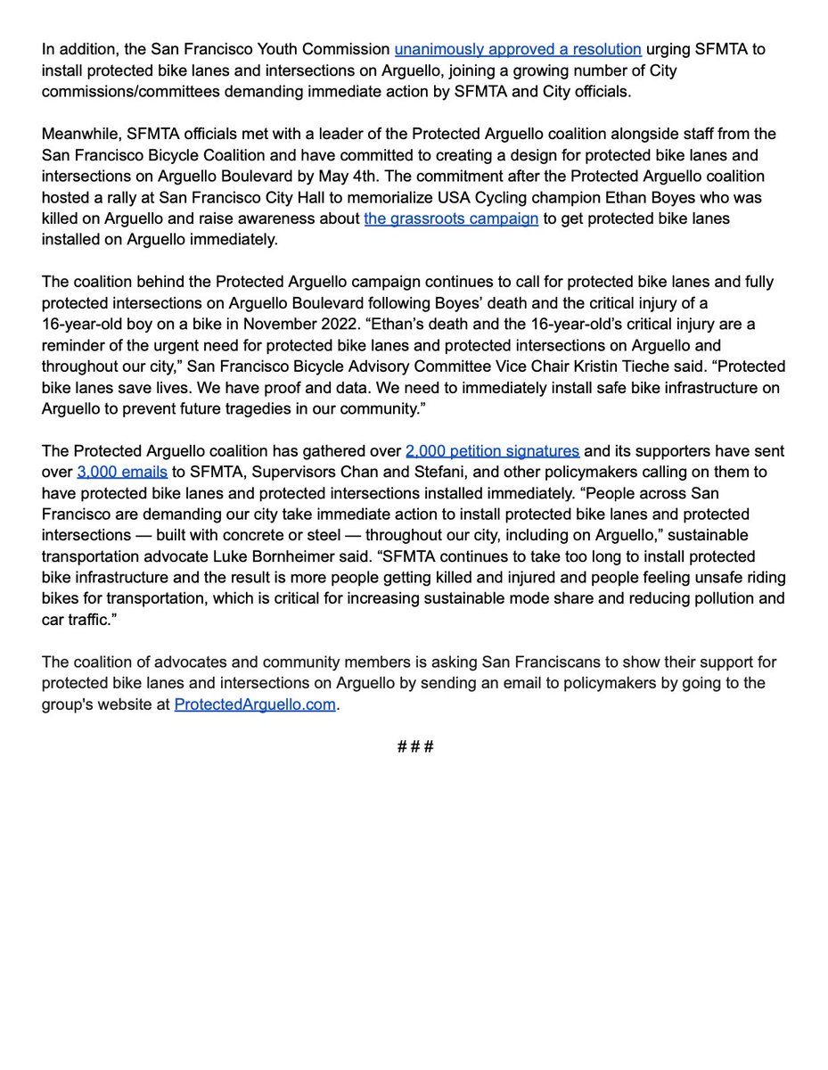BREAKING: Supervisors Chan and Stefani demand protected bike lanes / intersections be installed on Arguello Blvd immediately while SFMTA commits to create a design by May 4

Thank you @ConnieChanSF @Stefani4CA @MyrnaMelgar!

@ProtectArguello press release: docs.google.com/document/d/e/2…