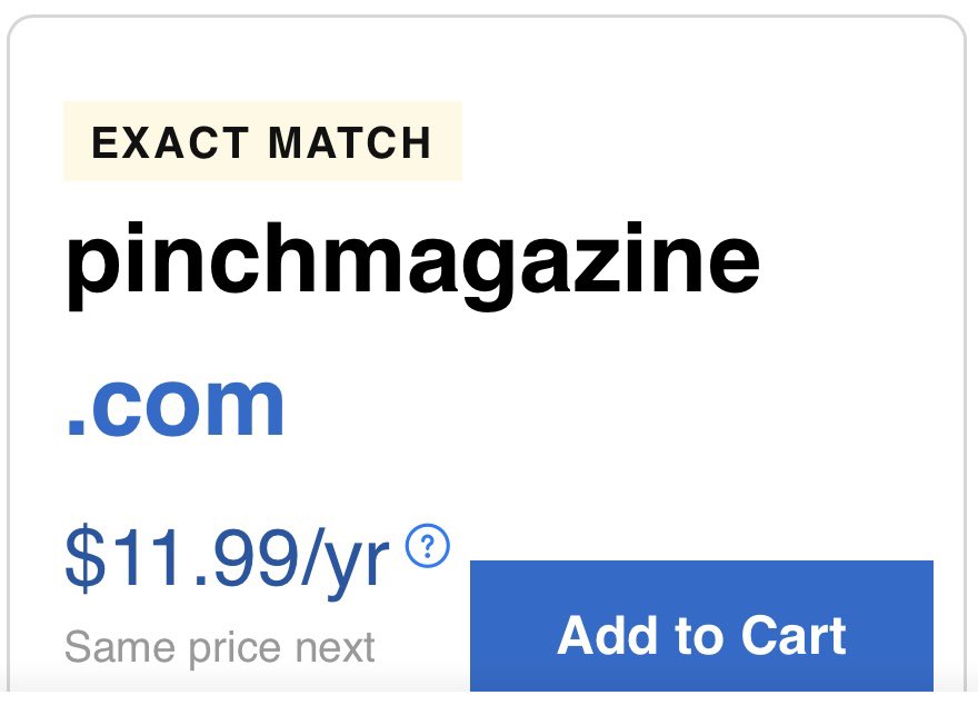 DomainSuccess's tweet image. @pinchjournal just want you to know that PinchMagazine(.)com just became available for less than $12 secureserver.net/products/domai…

#domainsuccess #domaininsurance #defensivestrategy