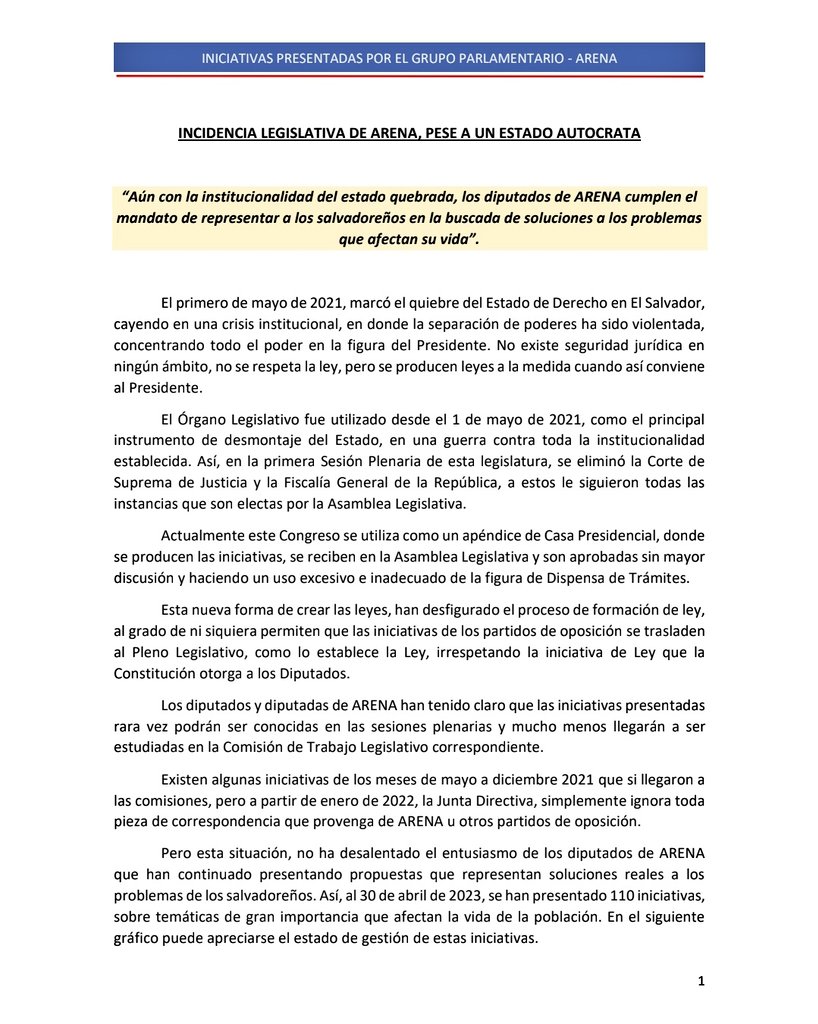 ARENAfraccion's tweet photo. Aun con la institucionalidad del Estado quebrada, @ARENAfraccion cumple con su misión de representar a los salvadoreños. Seguimos proponiendo proyectos de beneficio a los salvadoreños. https://t.co/yVXRnsOD2O