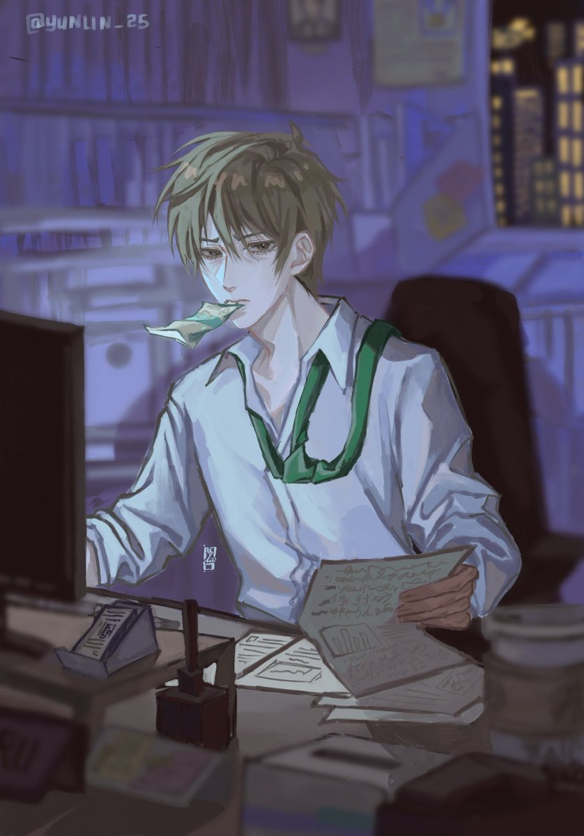 Haru working overtime as my participation piece for the tired character zine Sleep On It !! Head over to their page <a href="/TiredZine/">Sleep on It: A Tired Characters Zine -RELEASED!!!</a> for the download link 😳 #fkbu #katoharu