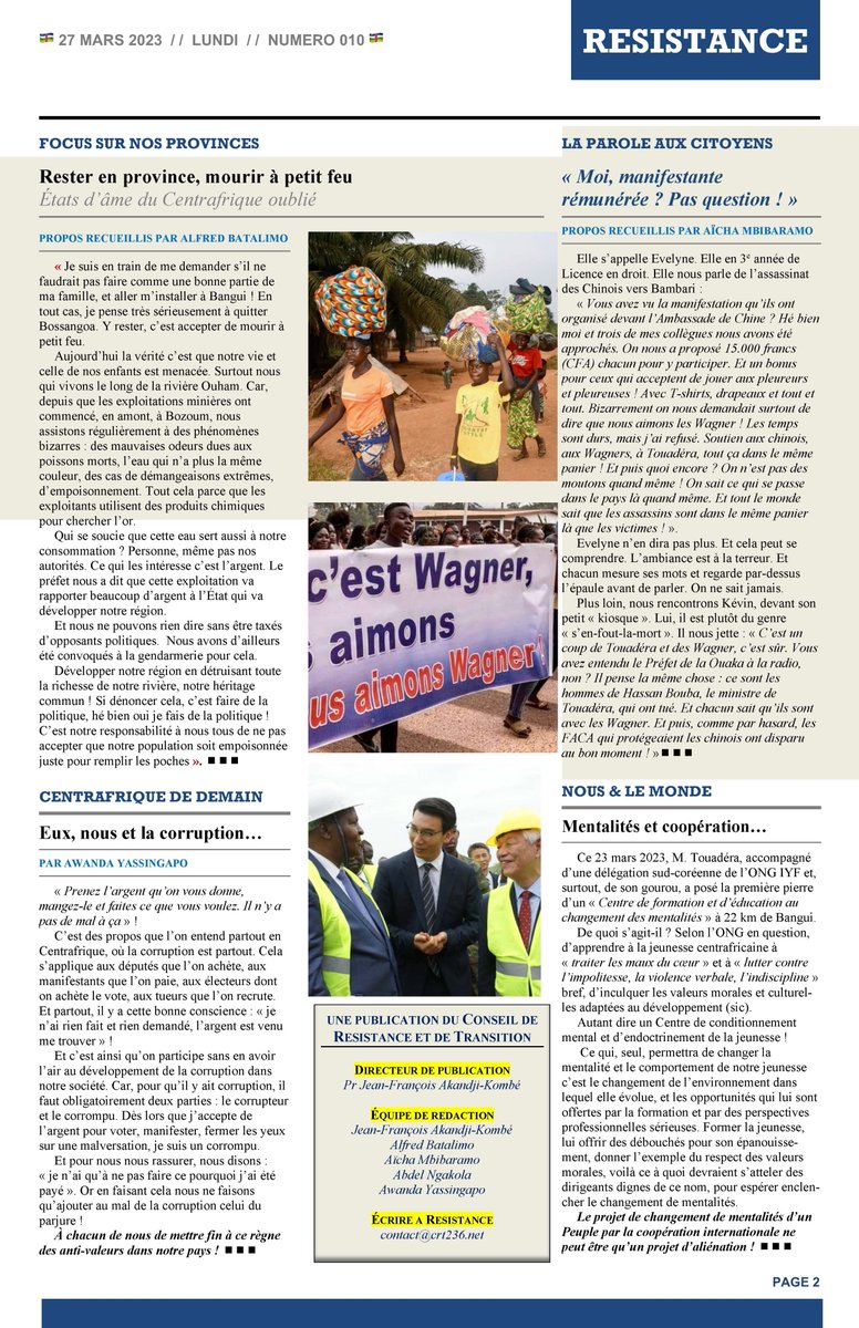 CrtOfficiel's tweet photo. 27 mars 2023 / 27 march 2023 🔺#RÉSISTANCE, le #Bulletin d'information et de mobilisation du #CRT / Our Citizen Information and Mobilisation Bulletin #Numéro_12/ #Issue_12 : L'eau et la vie en RCA/ Water & Life in CAR https://t.co/kcNrrYv9kE