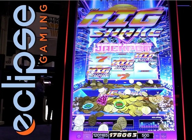 The Big Shake Neon Slot Machine -  - The Big Shake Neon slot machine is an 80&#39;s themed coin pusher slot machine with a wheel bonus and skill game elements!