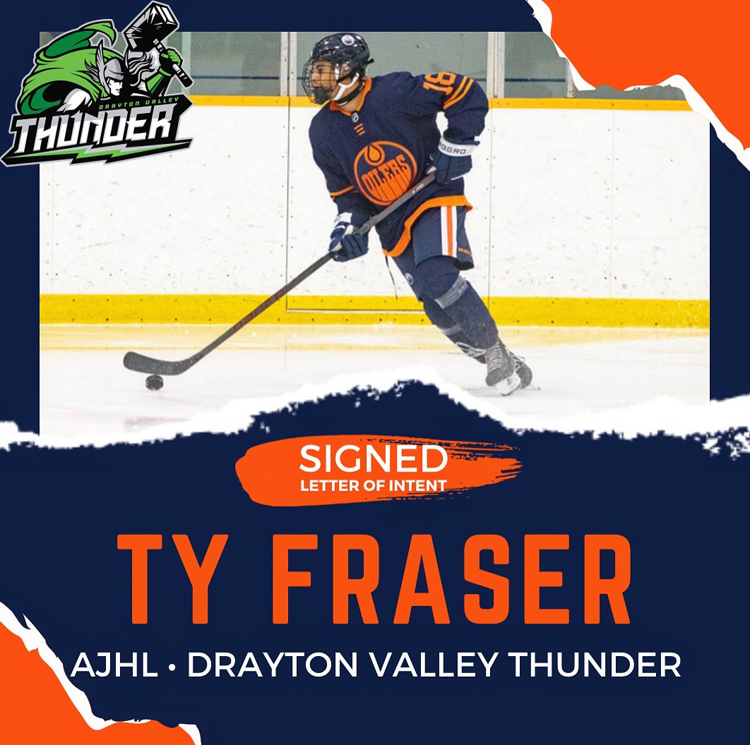 ✍🏿 AJHL SIGNING ✍🏿

Congratulations to Assistant Captain Ty Fraser on signing a Letter of Intent for the upcoming 2023-24 season with @DVThunder ⚡️

Photo by @mvpteamphotos 

#hockeyedm #AJHL #junioroilers #thunderrolls #capturethenorth #u18aaa #aehl