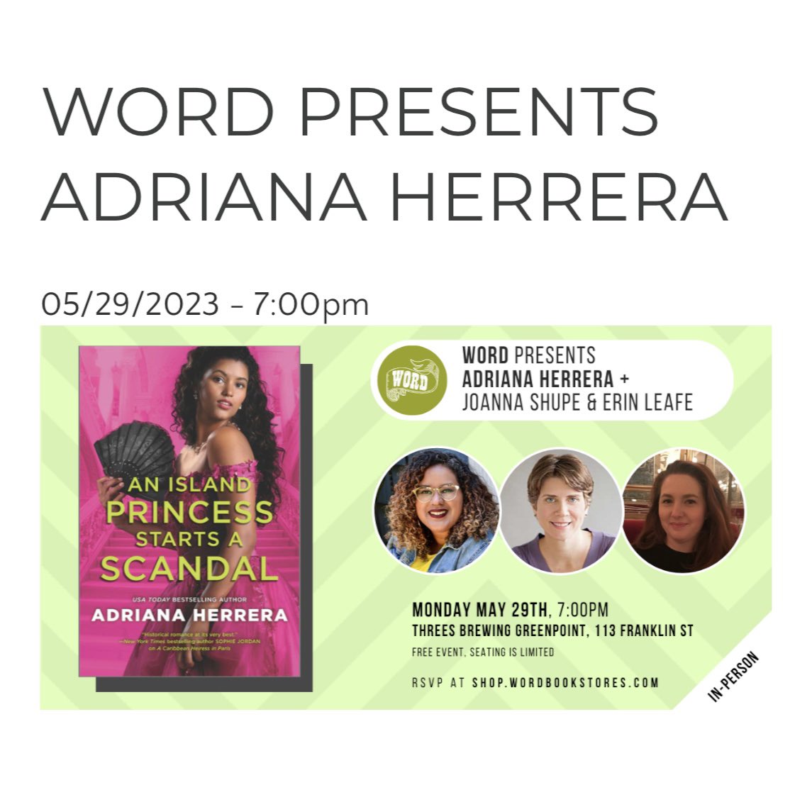 NYC area friends! Come join me and Erin from <a href="/learningtropes/">Learning The Tropes: A Podcast for Romance Novels</a> on May 29th in Brooklyn as we celebrate with Adriana Herrera on the release of An Island Princess Starts a Scandal!!!!! This series is SO GOOD and I can't wait to talk all things Las Leonas! shop.wordbookstores.com/event/word-pre…