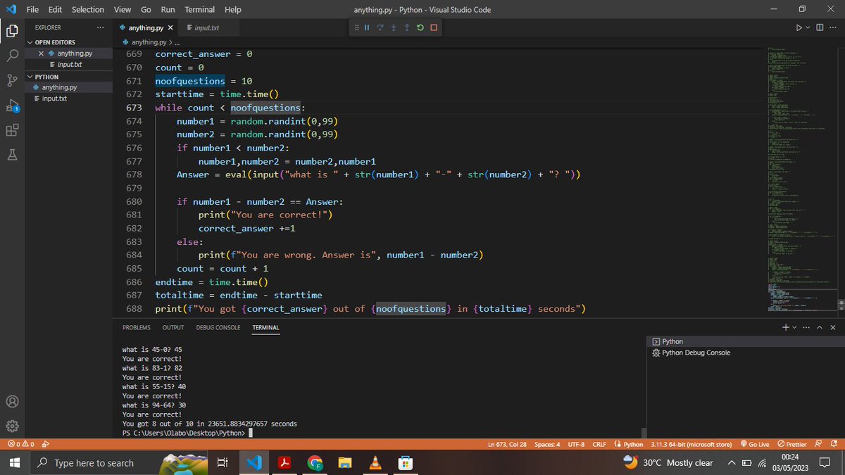 olathepavilion's tweet image. Day 18🧑💻✅
- Looping( for and while)
- I built a math brain tester with python mainly with loops which asks questions and the amount of time the user uses is noted.
#100DaysofCode #30Nightswithpython