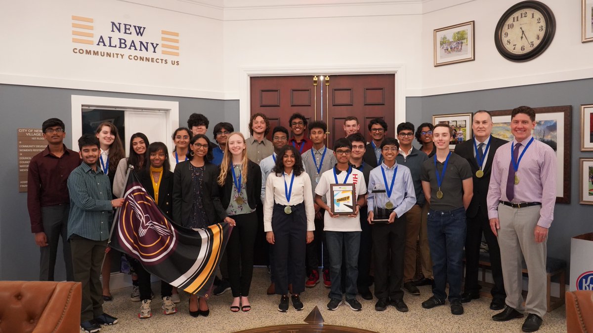 NewAlbanyOhio's tweet photo. Earlier this evening, Mayor Sloan Spalding and New Albany City Council issued proclamations recognizing the New Albany High School Digital Eagles robotics team and Founders Day Grand Marshals Dennis and Teresa Keesee. Congratulations to all involved! #newalbanyohio https://t.co/xTD8DRRpPa