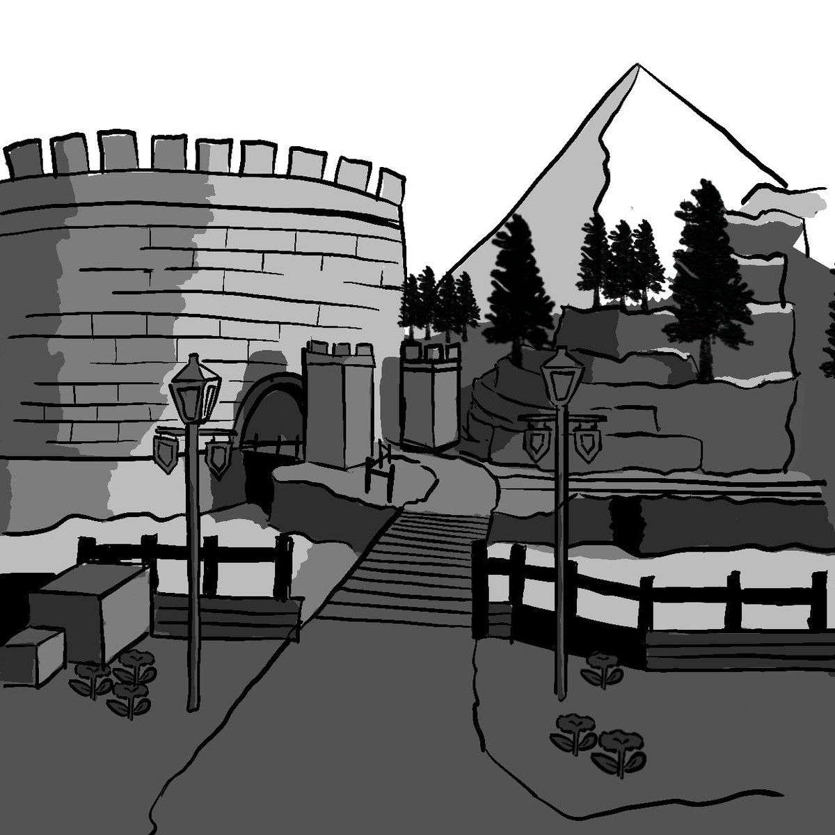 Lukes611's tweet photo. Coming back to Twitter, trying to get better at drawing backgrounds. This is toad town from paper Mario https://t.co/XcQzUacxYG