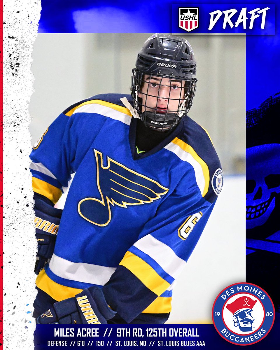 bucshockey's tweet image. DRAFTED!

With the 125th overall pick, in the 9th Rd. of the #USHLDraft the Buccaneers select Miles Acree on defense, out of St. Louis, MO and the @AAABlues 

#GetHooked 🏴‍☠️