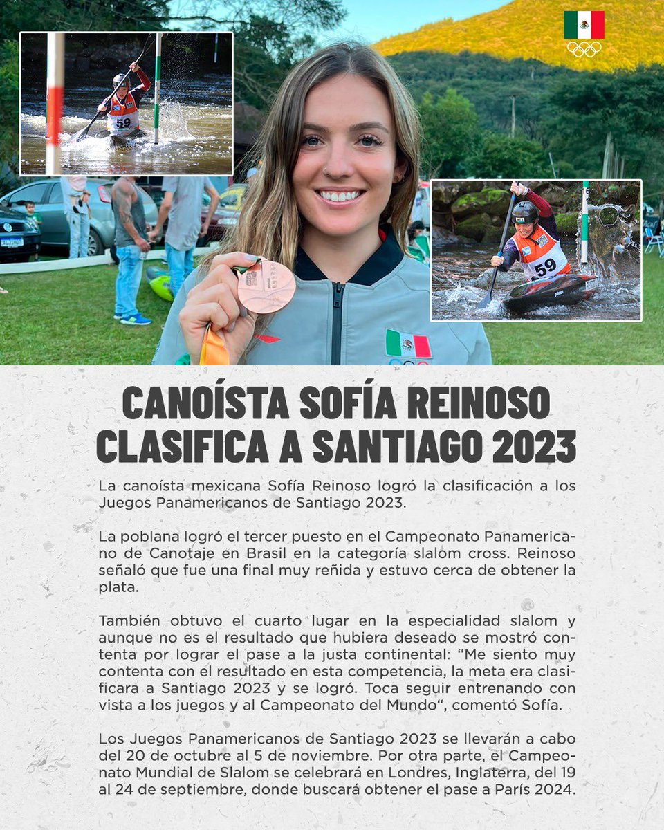 Comité Olímpico Mexicano (@com_mexico) on Twitter photo Boletín 📰
La canoísta @SofiaReinoso20 logra su clasificación a los Juegos Panamericanos de <a href="/santiago2023/">Santiago 2023</a> . Boletín 📰
La canoísta @SofiaReinoso20 logra su clasificación a los Juegos Panamericanos de <a href="/santiago2023/">Santiago 2023</a> .