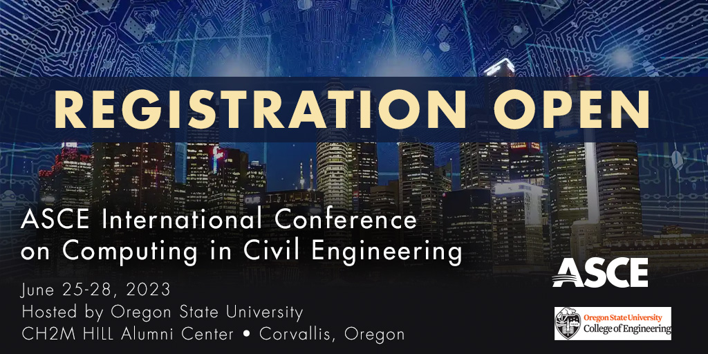 The registration for #i3CE23 is now OPEN!! We look forward to seeing you in Corvallis this June!
i3ce2023.org/registration/
<a href="/ResearchOSU/">Oregon State University Research Office</a> <a href="/EngineeringOSU/">Engineering - OSU</a> <a href="/ASCEpublishing/">ASCE Publishing</a> <a href="/ASCETweets/">ASCE Headquarters</a> 
<a href="/tangpingbo/">Pingbo Tang</a> <a href="/LeiteBuild/">Fernanda Leite</a> <a href="/JosephLouisK/">Joseph Louis</a> <a href="/MasoudGheisari/">Masoud Gheisari</a> <a href="/CzerniawskiTom/">Thomas Czerniawski</a> <a href="/mgolpar2/">Mani Golparvar</a>