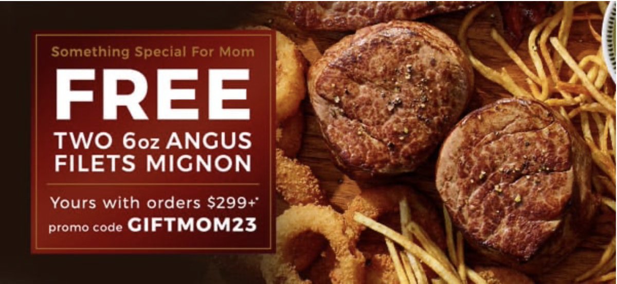 allenbrossteaks's tweet photo. FREE ANGUS FILETS MIGNON OFFER! Get 2-6 oz. Angus Filet Mignon (a $79.95 value) FREE with orders of $299+ &amp; code: GIFTMOM23. Offer valid while supplies last, through midnight CT 5/3/23. #absteaks #allenbrothers #allenbros #allenbrotherssteaks #mothersday #mothersdaygifts #love https://t.co/XZeDwOe7qU